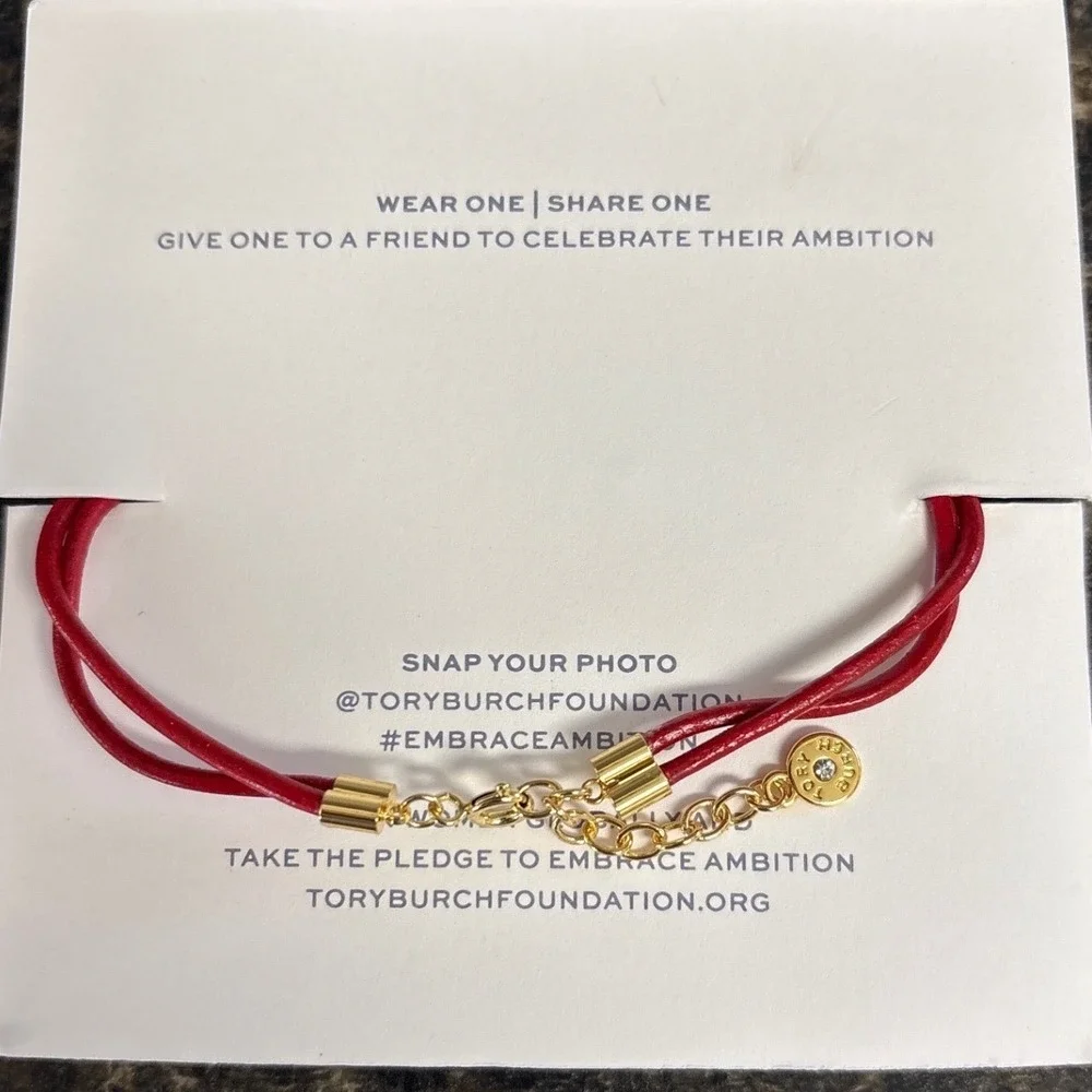Tory Burch Embrace Ambition Red Silk Cord Pearl Bracelet Gold Logo Medallion